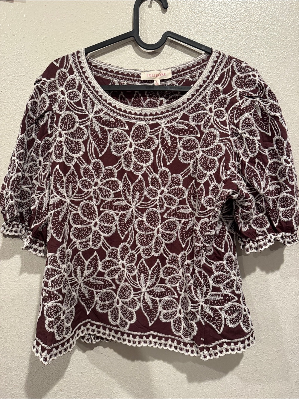 Solitaire Brown Floral Embroidered-Overlay Blouse